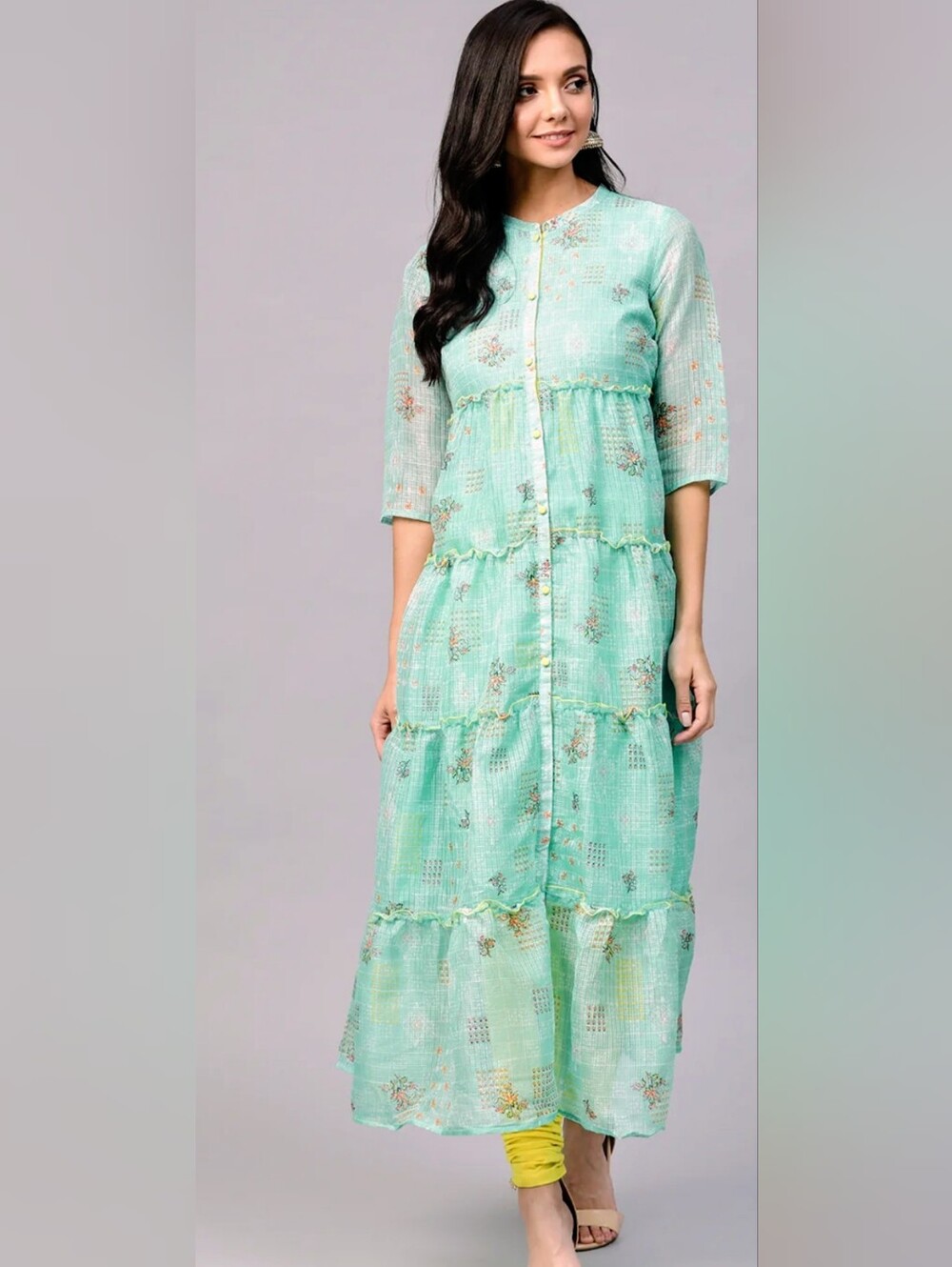 Aurelia Women Sea Green & White Ethnic Print Tiered A-Line Kurta with Ruffles